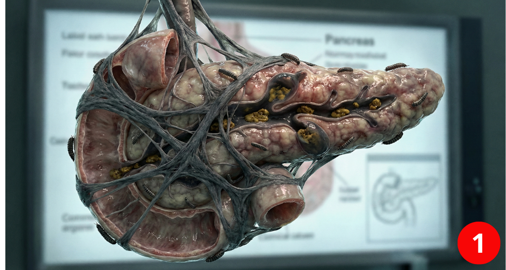 Medical illustration showing accumulation of residue on pancreatic tissue, hindering beta cell function and insulin release.