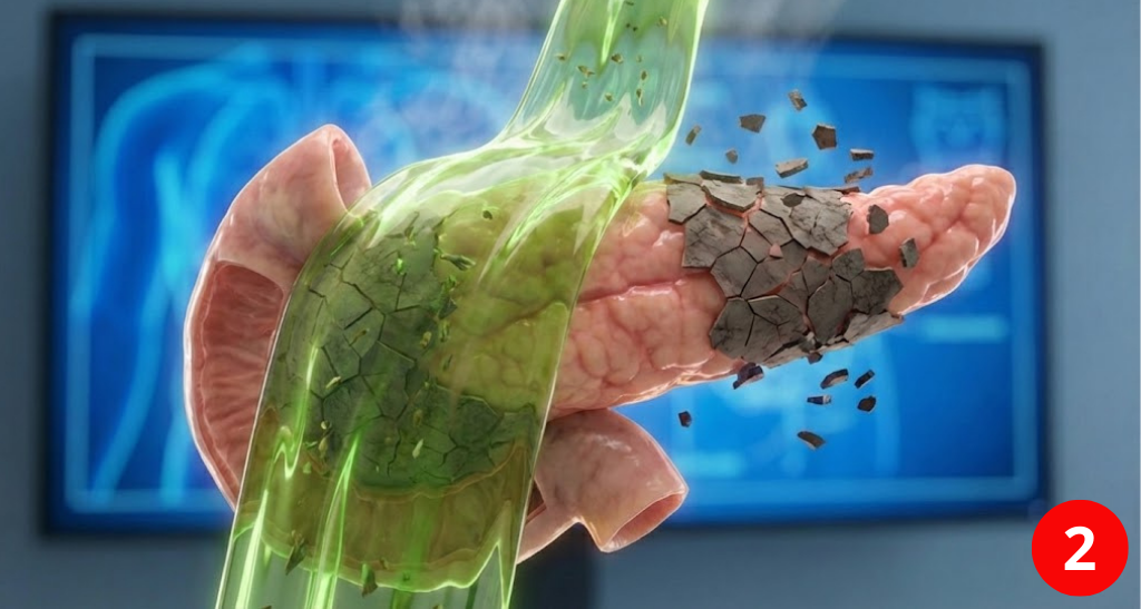 Diagram depicting the natural cleansing process where accumulated layers begin to detach from the pancreatic tissue.