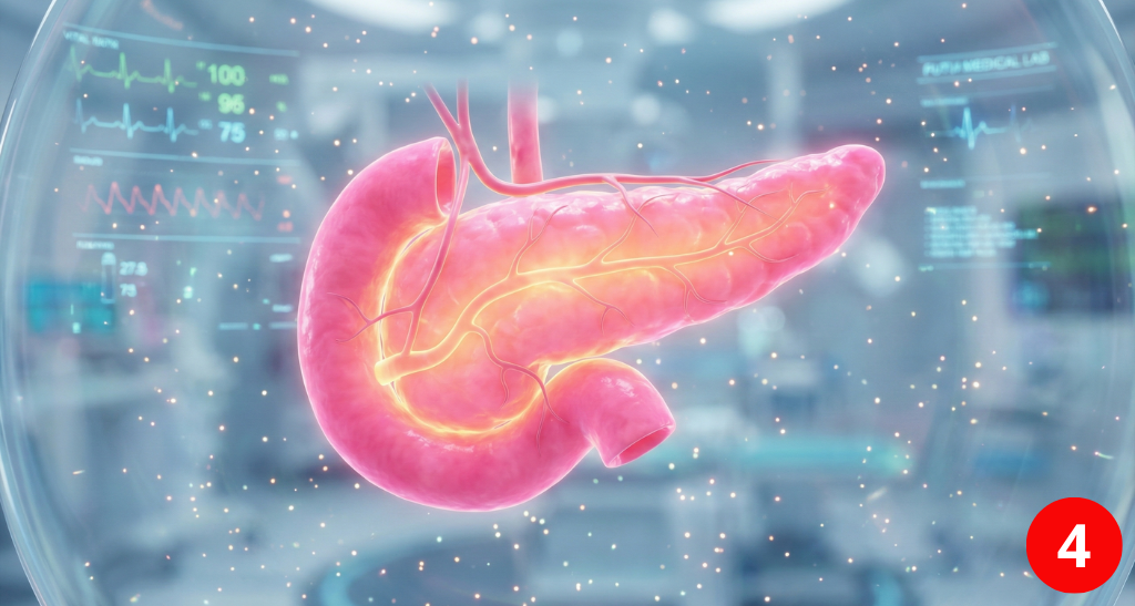 Healthy pancreas illustration showing active beta cells producing insulin and maintaining stable glucose levels.