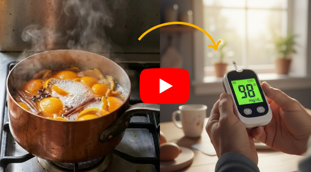 Split screen showing natural homemade tea ingredients boiling and a glucose meter showing stable blood sugar levels at 98.