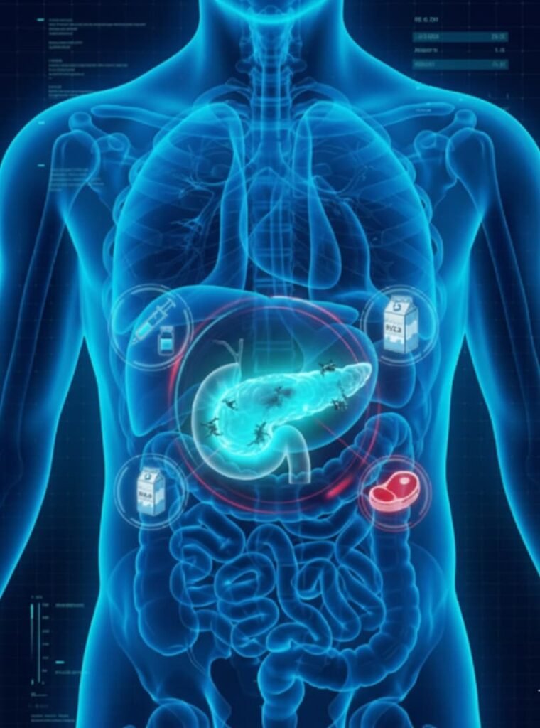 Digital body scan illustration showing human anatomy with health metrics interface, highlighting internal organs and blood circulation monitoring.
